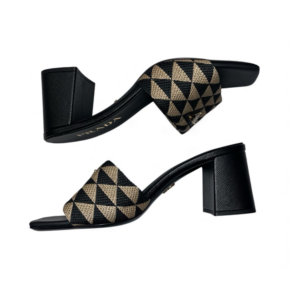 Prada Black Tan Slide Sandals Heeled Mules Jacquard Triangolo Open Toe 7.5 🟡 - Picture 6 of 13